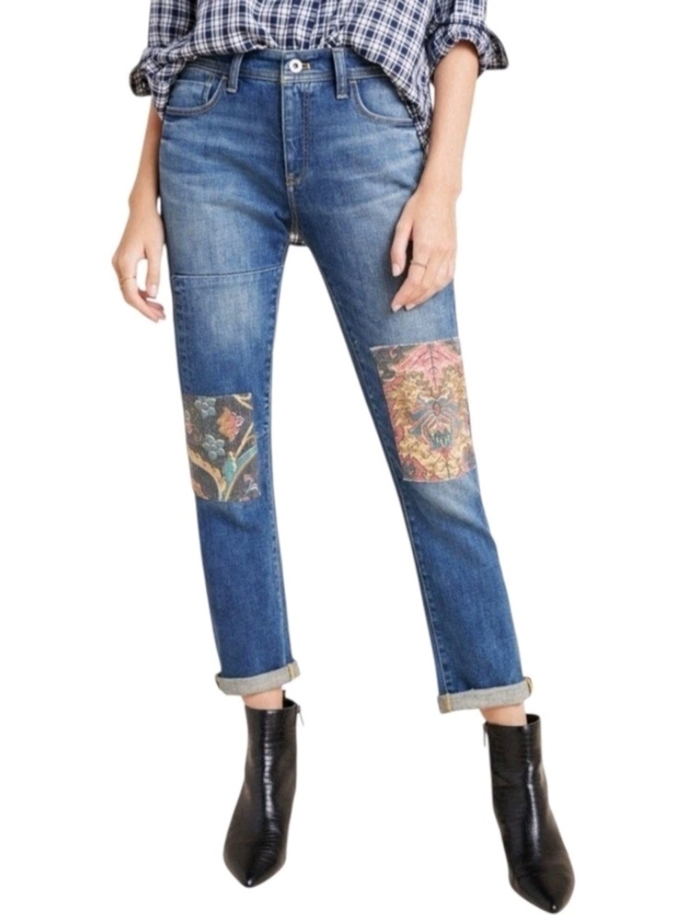 Anthropologie Pilcro Letterpress Slim Boyfriend Patchwork Jeans Boho Chic. Sz-25